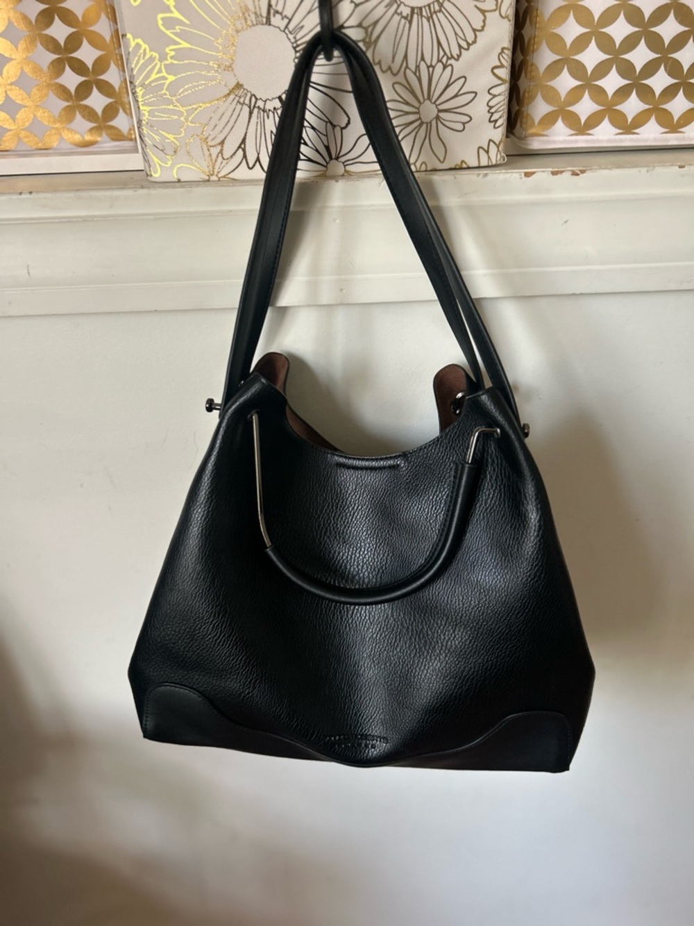 Sondra Roberts Squared Vegan Leather Black Bag with Silver hardware.